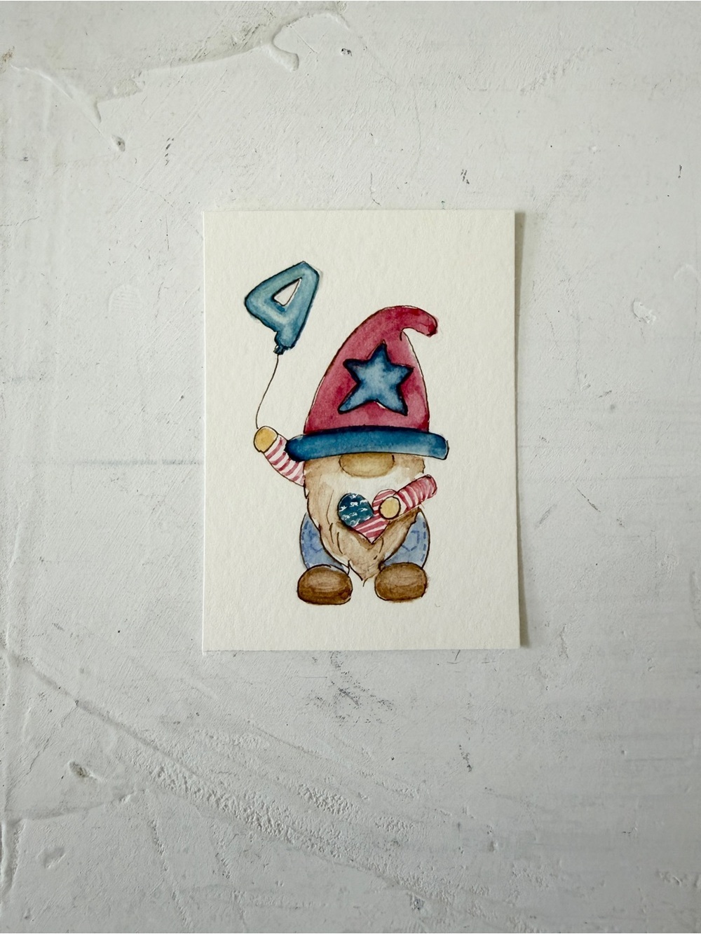 ACEO Original Watercolor Painting Gnome USA 4th of July Independence Day